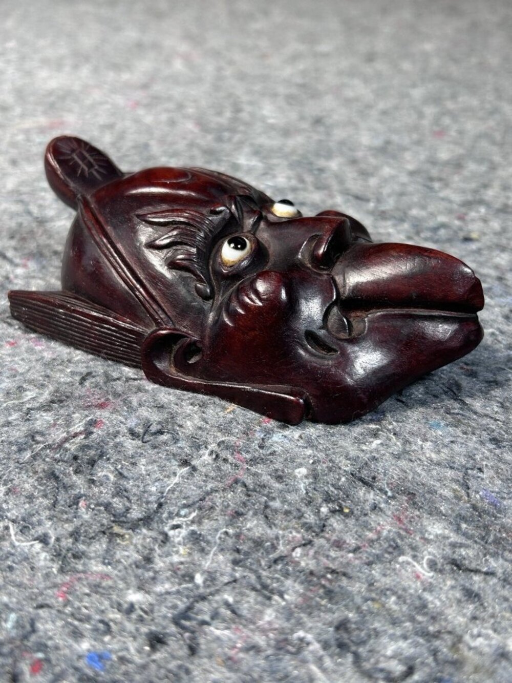 Antique Japanese Wood Okimono Tengu Mask Carved Dark Hardwood Inlaid Eyes